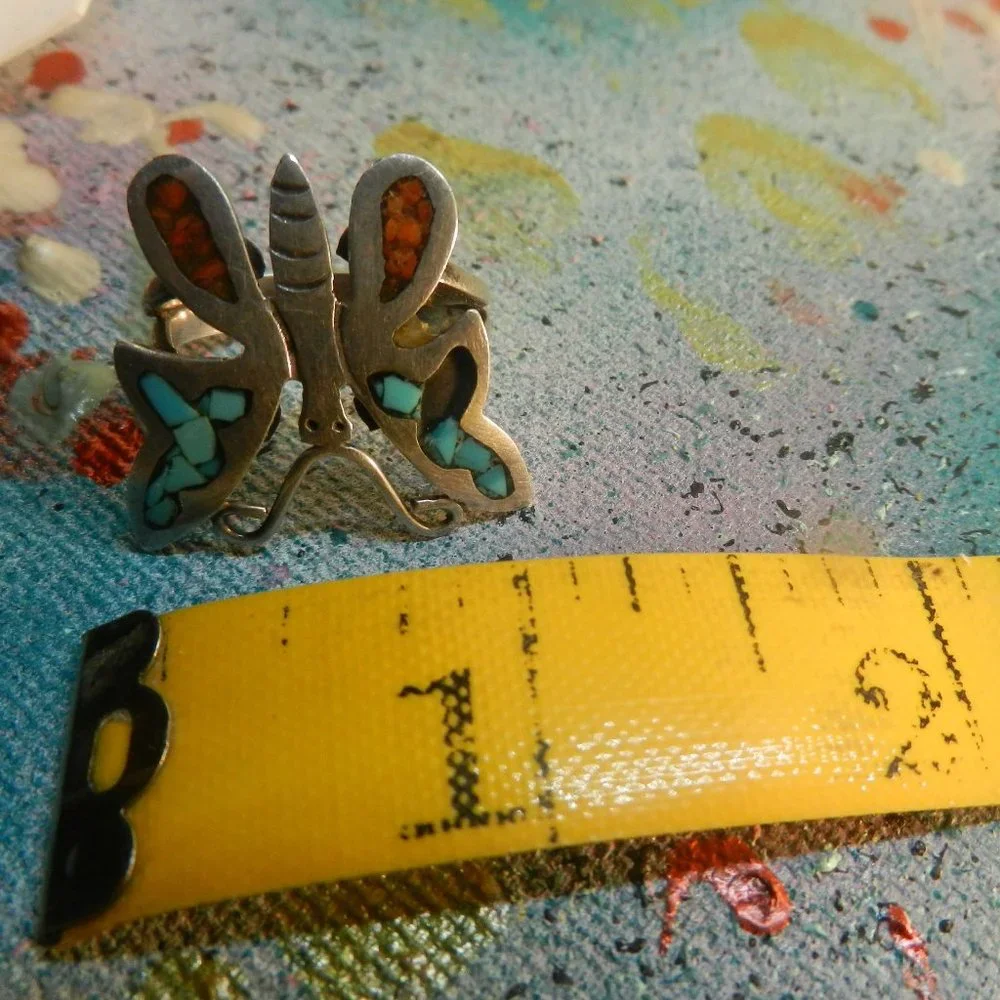 VTG Sterling silver butterfly ring Navajo artisan turquoise garnet nature sz 11